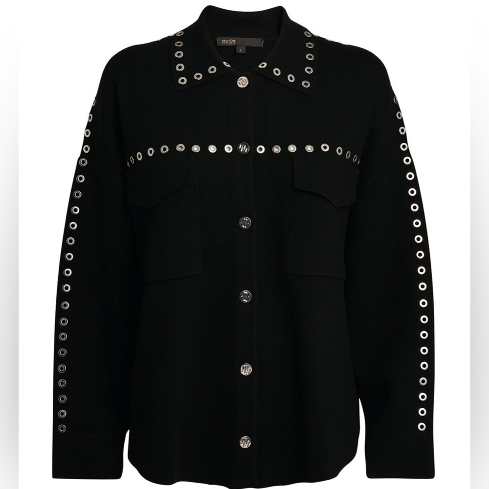 MAJE Knitted Eyelet Black Oversized Over Shirt with Silver Hardware Size: 2